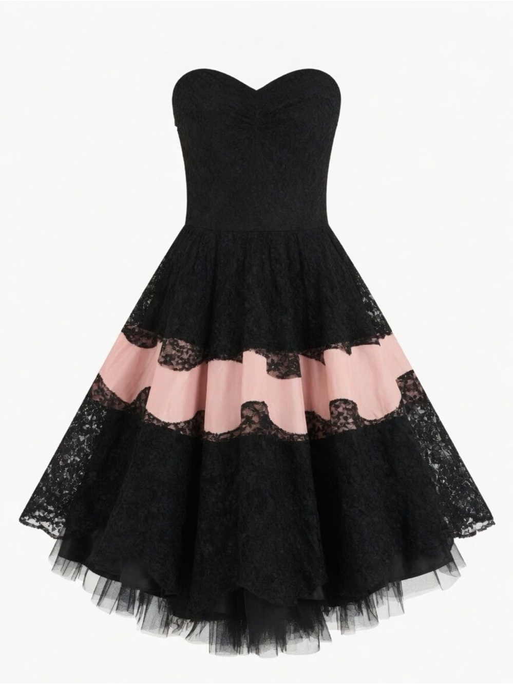 Betsey Johnson Black and Pink Strapless Lace Fit-and-Flare Dress
